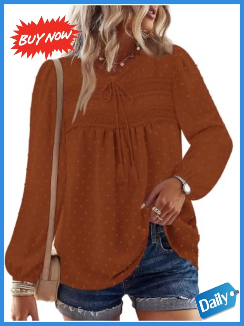 Swiss Dot Lace Boho Tunic Top Long Sleeve Peasant Blouse